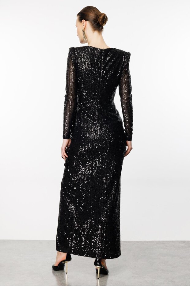 Modailgi Volanlı Payet Elbise Siyah - 6