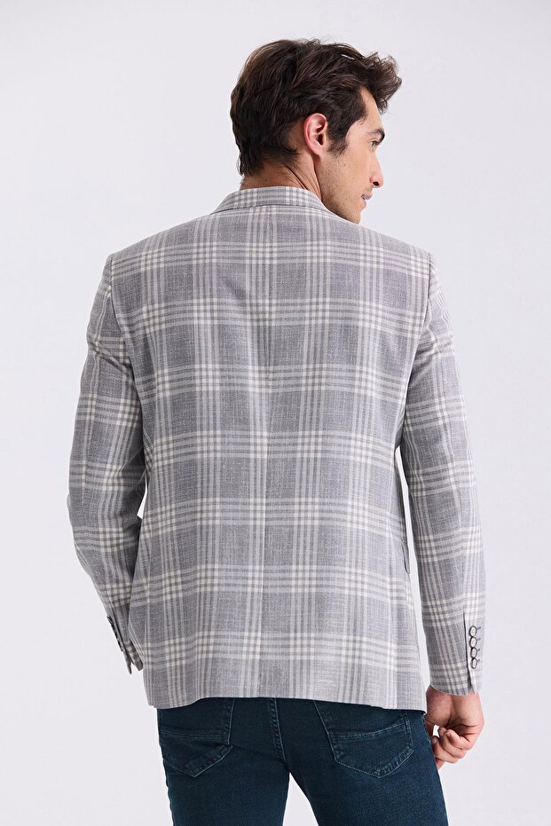 Gray Classic Patterned Checked Mono Collar Jacket - 4