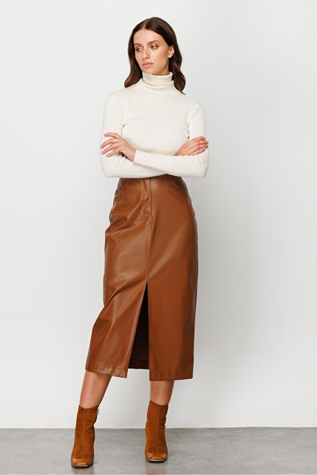 Modailgi Önden Yırtmaçlı Deri Etek Taba - 4