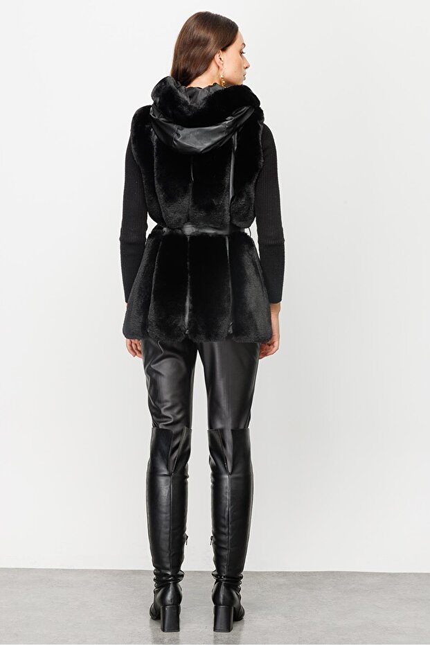 Modailgi  Kapüşonlu Kürk Yelek Siyah - 5