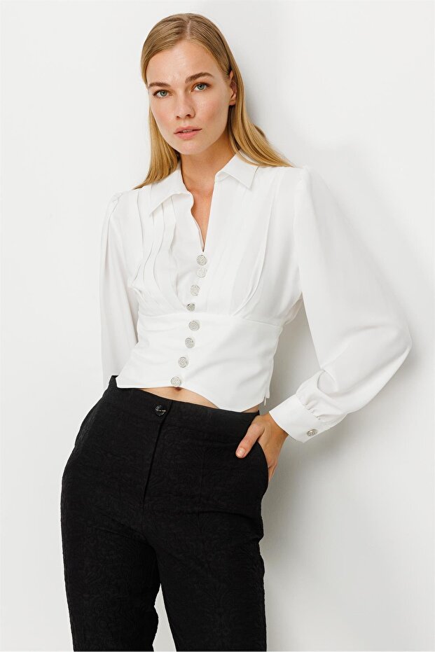 Modailgi Pileli Crop Bluz Ekru - 1