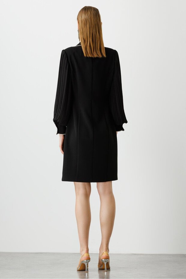 Modailgi Kolları Pliseli Taş Şeritli Elbise Siyah - 6