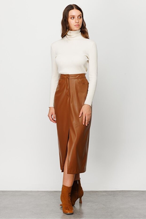 Modailgi Önden Yırtmaçlı Deri Etek Taba - 2