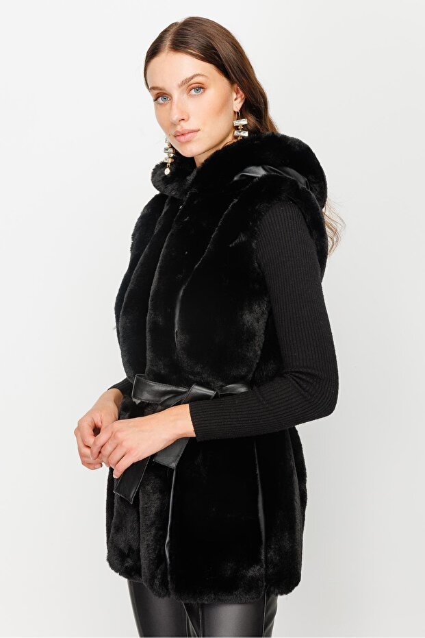 Modailgi  Kapüşonlu Kürk Yelek Siyah - 2