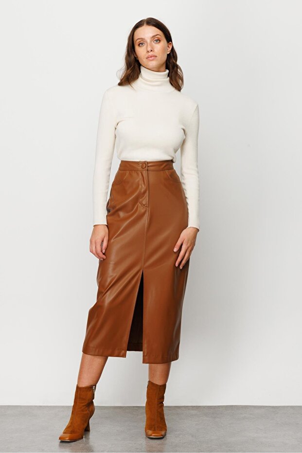 Modailgi Önden Yırtmaçlı Deri Etek Taba - 1