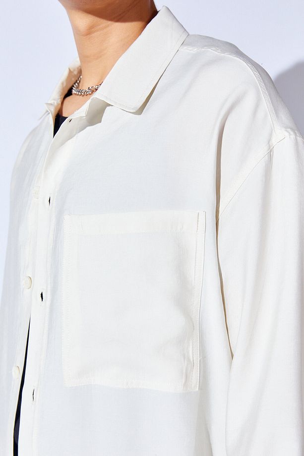Oversize Soft Dokulu Kalın Modal Tek Cep Erkek Dış Gömlek | Beyaz MNW191099-01 - 5