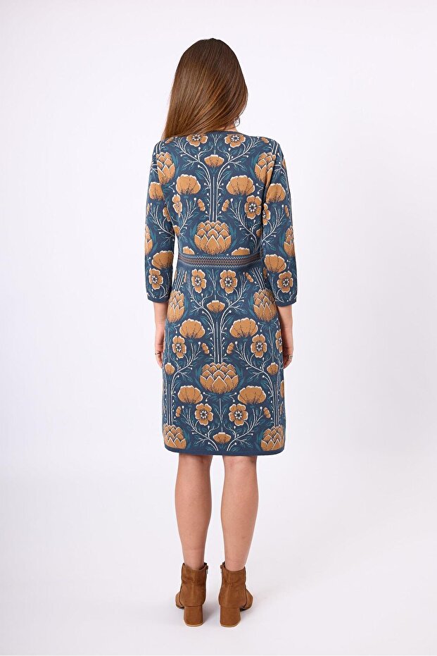 Felicity Çiçek Jakarlı Kadın Triko Elbise - Indigo Multi - 7