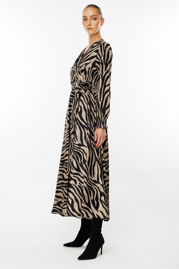 Modailgi  Volanlı Uzun Zebra Desen Elbise Vizon - 6