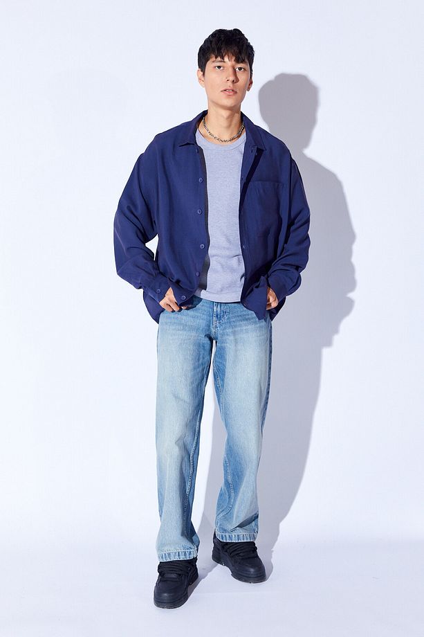 Oversize Soft Dokulu Kalın Modal Tek Cep Erkek Dış Gömlek | Lacivert MNW191099-01 - 8