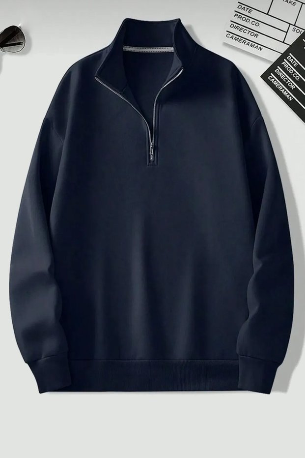 Stand Collar Half Zip Plain Pullover Sweatshirt