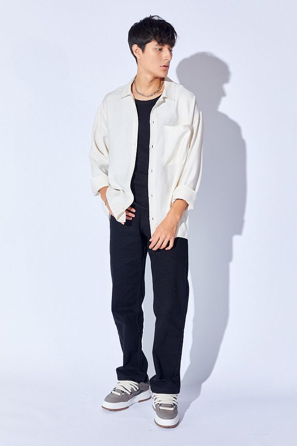 Oversize Soft Dokulu Kalın Modal Tek Cep Erkek Dış Gömlek | Beyaz MNW191099-01 - 7