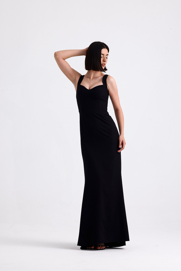 Siyah Krep Maxi Elbise - 3
