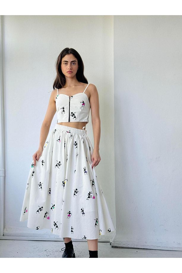 Circle Kloş Midi Boy Desenli Etek Astar Hediyeli Kadın Ekru - 3