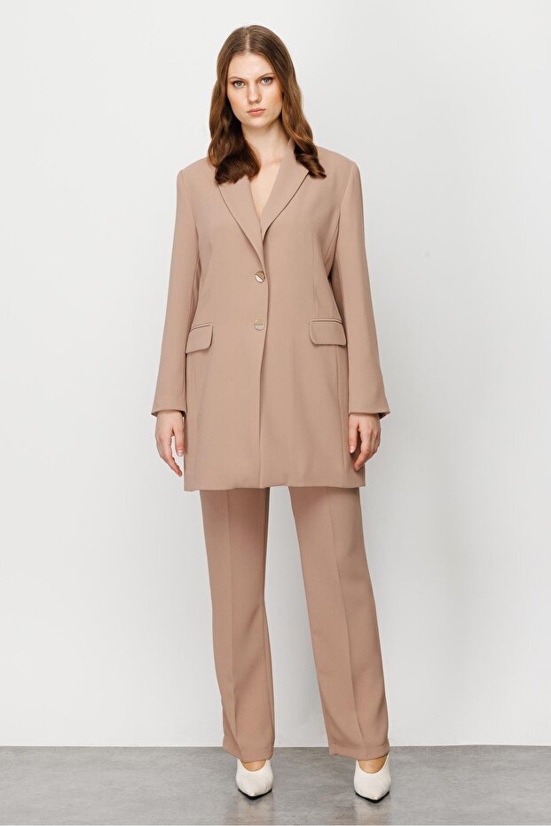Modailgi Çift Düğmeli Uzun Ceket Camel - 1