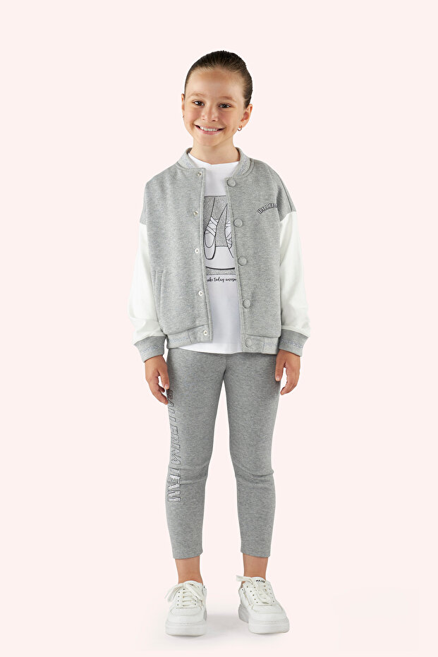 Girl's Print Detailed Grey-Melange Leggings