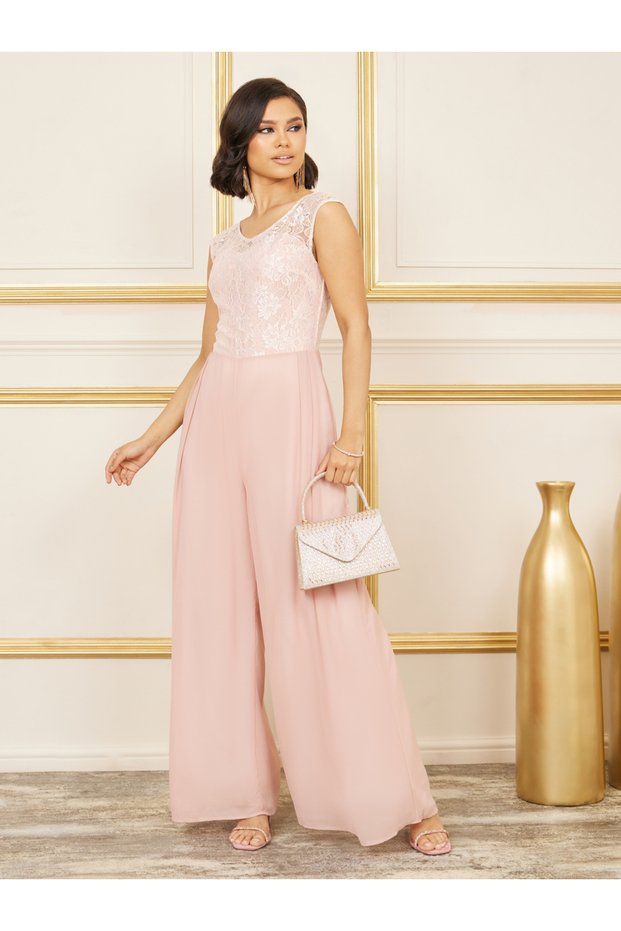 Lace Detail Mesh Insert Wide Leg Jumpsuit