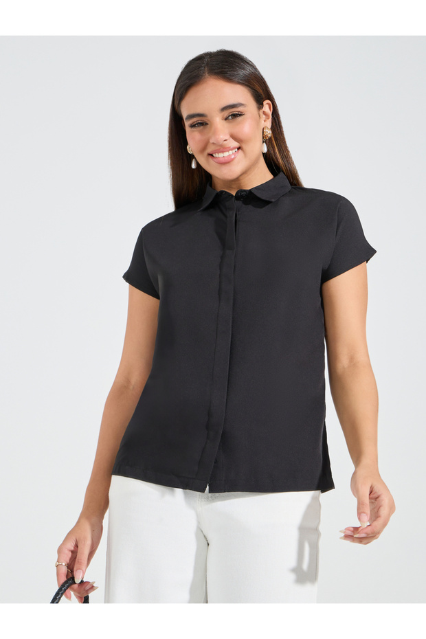 Solid Button Down Collared Shirt with Extended Sleeves - 1