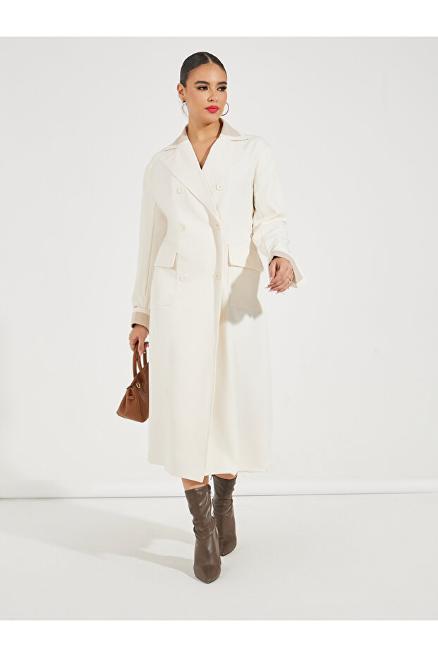 معطف ترنش كبير الحجم متوسط الطول مزدوج الصدر - 1