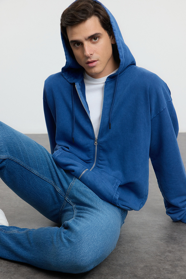 Indigo Oversize/Geniş Kesim Kapüşonlu Soluk Efekt Hırka/Şardonsuz Sweatshirt TMNAW25SW00049 - 1