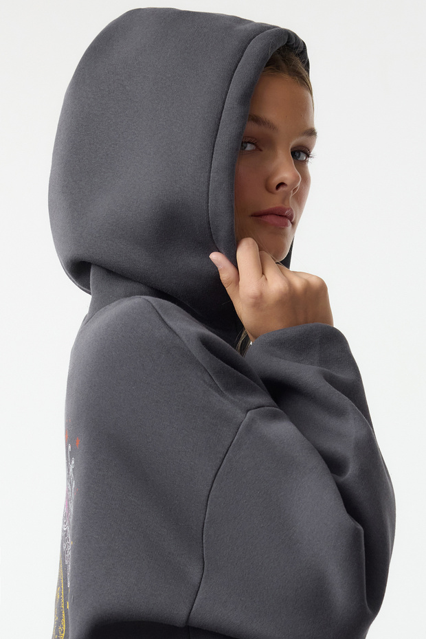 Antrasit Kalın İçi Polarlı Kapüşonlu Baskılı Oversize/Geniş Kalıp Örme Sweatshirt TWOAW24SW00136 - 3