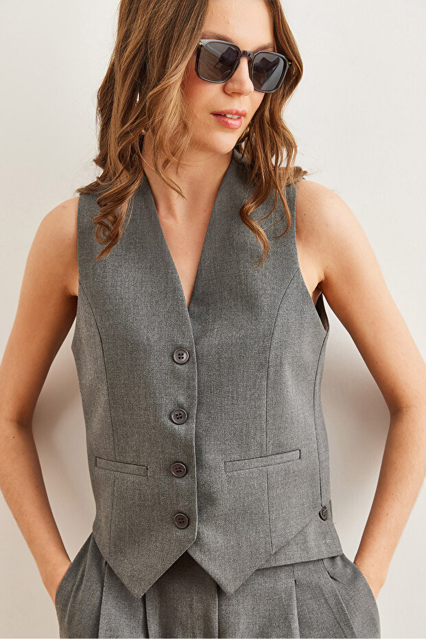 Women's Smoked Fleto Pocket Buttoned Lined Premium Vest Ylk- 19000032