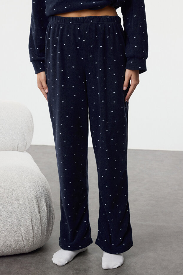 Lacivert Kalpli Bağlama Detaylı Polar Kışlık Örme Pijama Takımı THMAW25PT00139 - 4