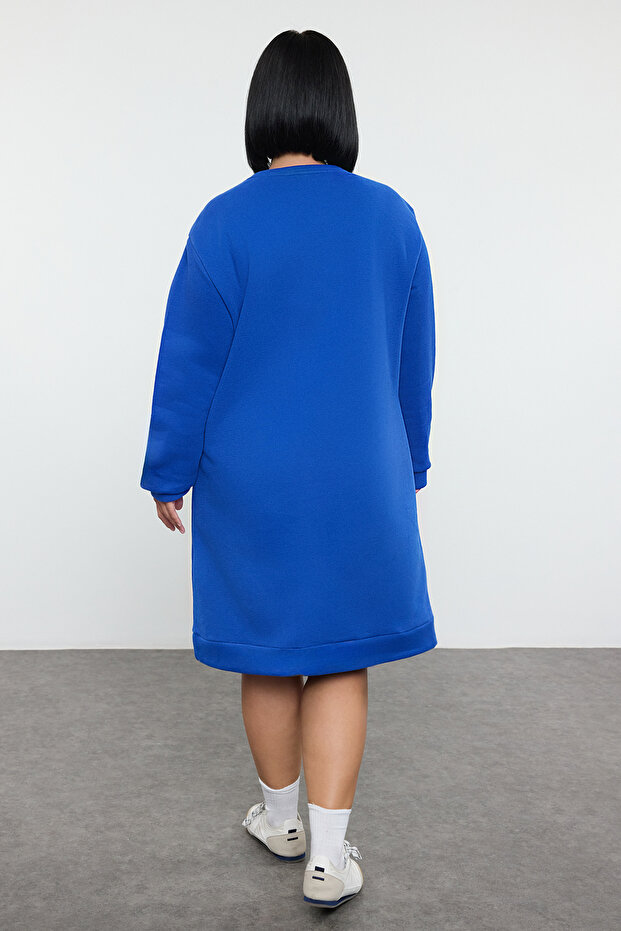 Μπλε πλεκτό φόρεμα φούτερ σε μεγάλο μέγεθος - Crew λαιμόκοψη, 2 κλωστές χωρίς ράστερ TBBAW25AH00101 - 4