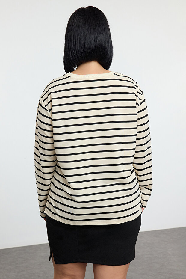Bej Bisiklet Yaka Çizgili Örme Büyük Beden Sweatshirt TBBAW25AO00041 - 5