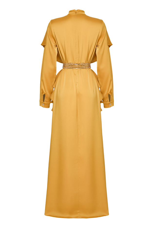Modest x AI Özel Koleksiyon Hardal Fırfırlı Saten Abiye Elbise TCTAW25EB00136 - 8