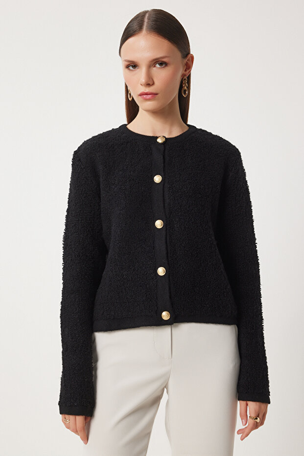 Schwarze Bouclé-Strickjacke für Damen, Cardigan YY00117 - 2