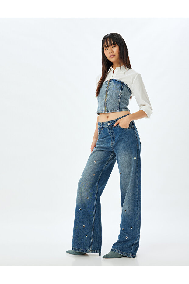 Wide Leg Jeans with Eyelet Detail, Regular Waist, Cotton - Wide Leg Jeans