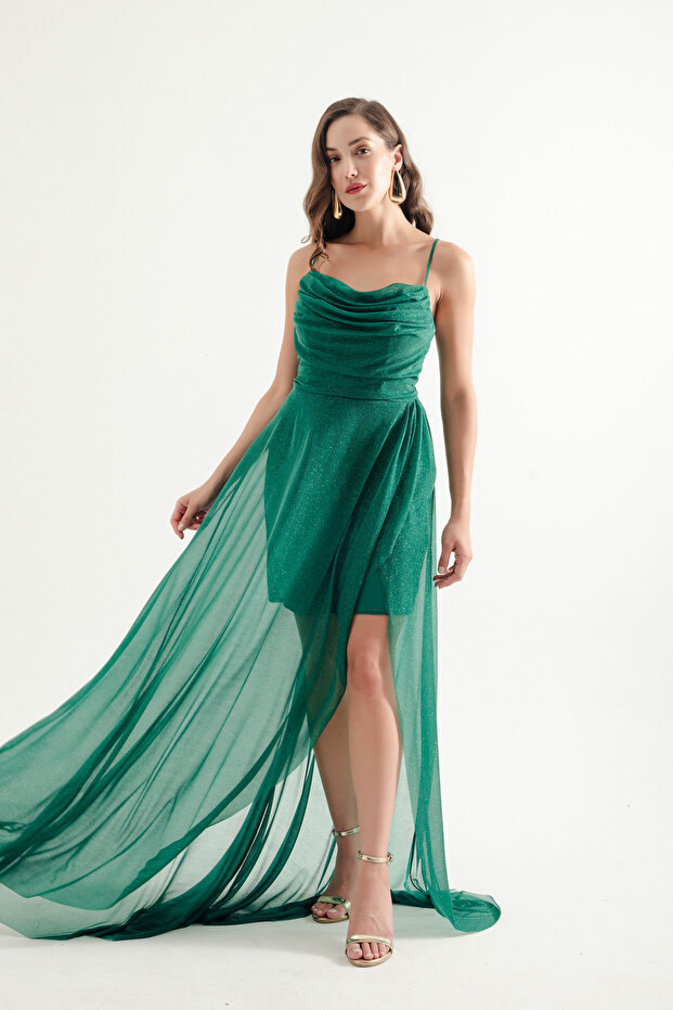 Women's Emerald Green Chest Draped Flared Glitter Evening Dress