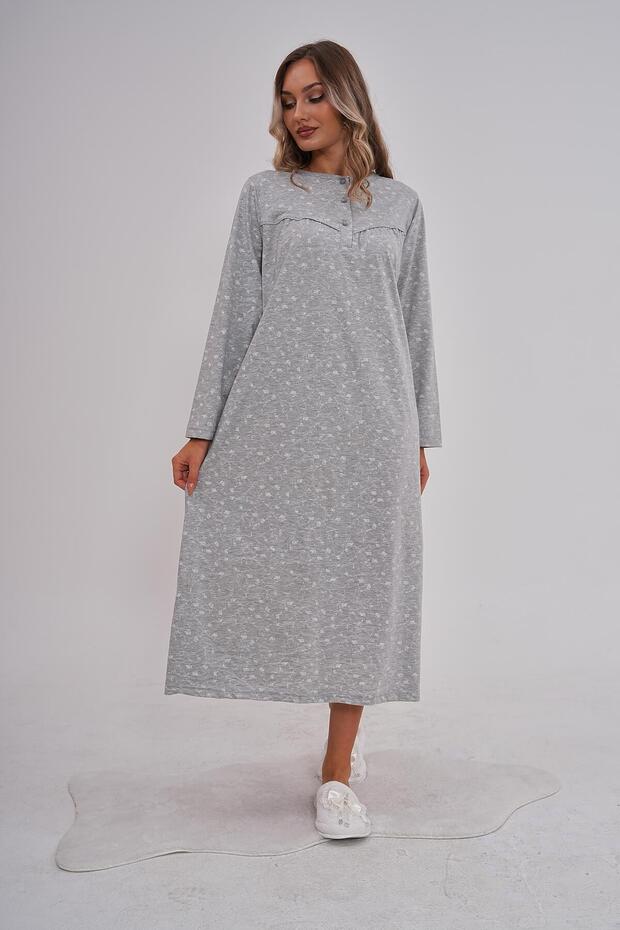Women's Large Size Long Sleeve Floral Pattern Mother's Nightgown 80% Cotton 20% Viscose