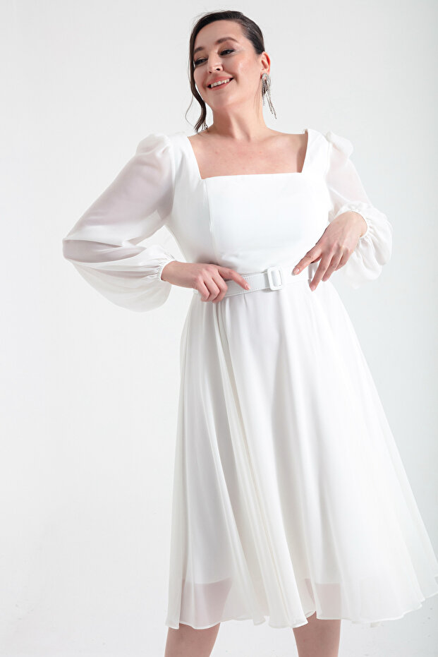 Női Ecru négyszögletes galléros öves Midi Chiffon nagyméretű estélyi ruha - 3