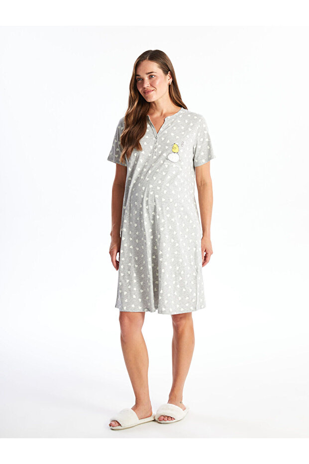 Lcwk Empty Neck Printed Short Sleeve Maternity Nightgown