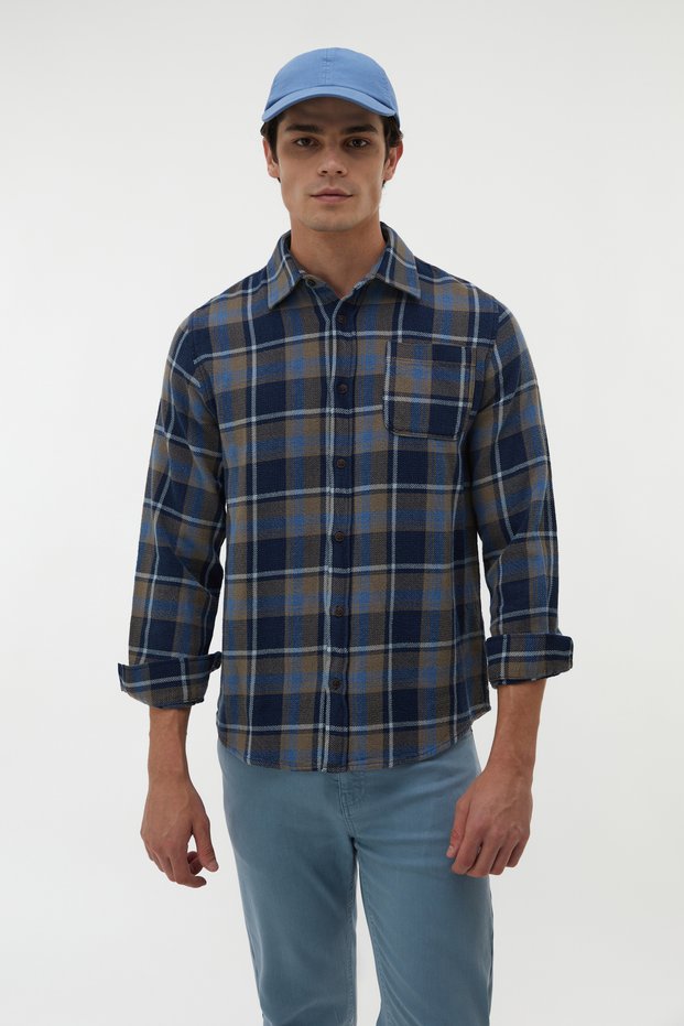 Men's Navy Blue Cotton Plaid Regular Fit Shirt