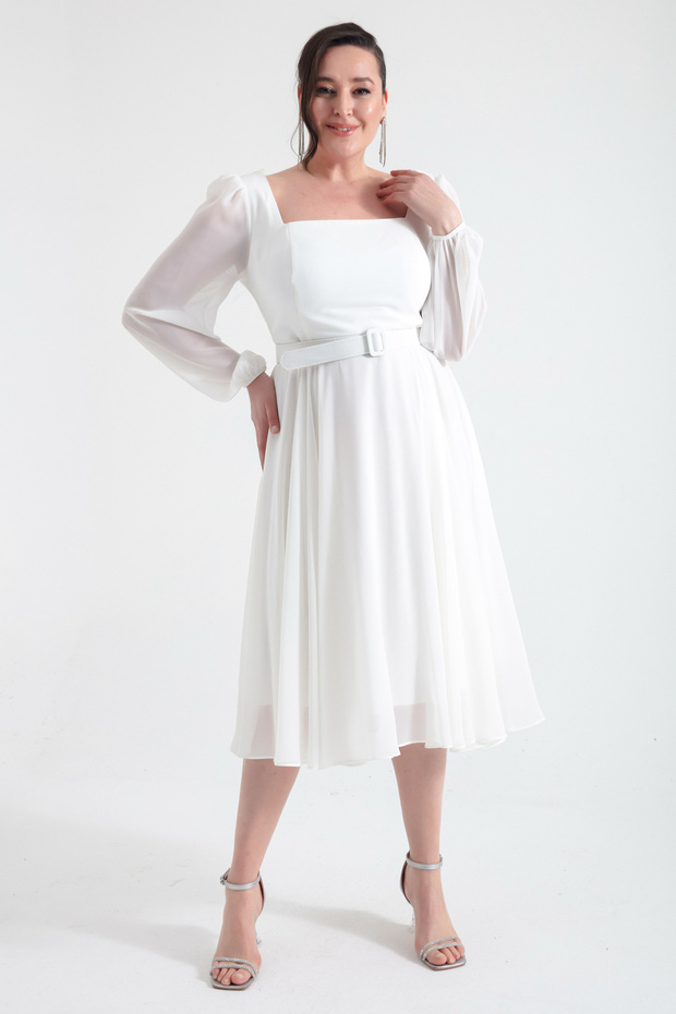 Női Ecru négyszögletes galléros öves Midi Chiffon nagyméretű estélyi ruha - 2