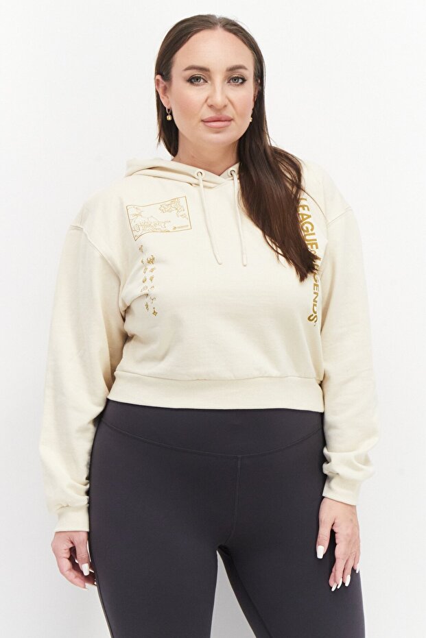 Women Hooded League Of Legend Printed Sweatshirt, Beige