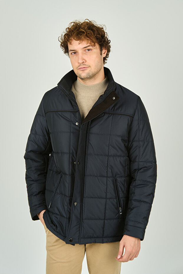 Men's Fur Lined Stand Collar Zipper and Snap Closure Coat 4000 Navy Blue