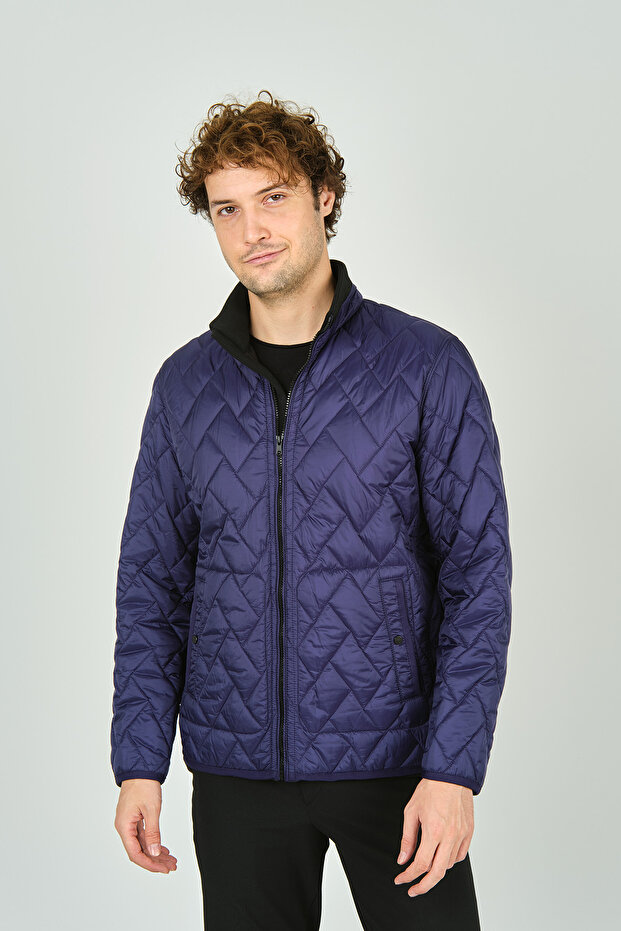 Men's Quilted Coat 4355 - Stand Collar, Zipper and Pocket Detail, Cobalt Blue