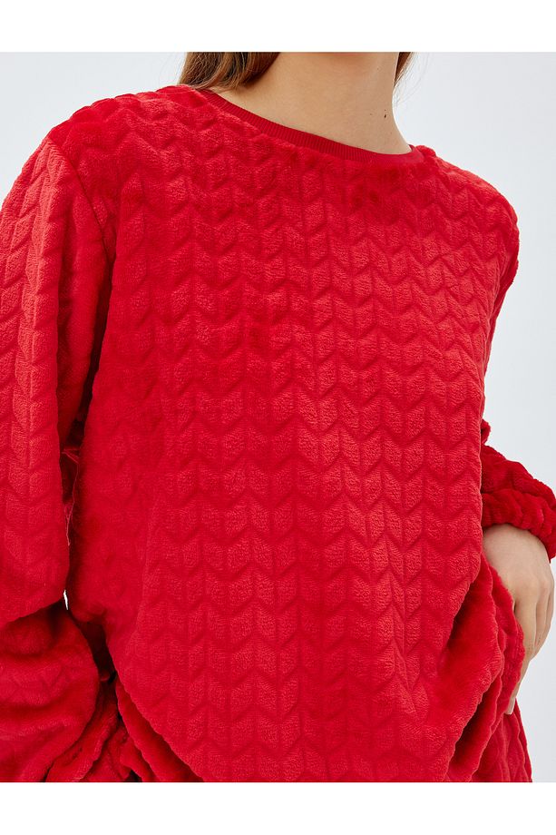 Örme Polar Pijama Üstü Lastikli Manşet Bisiklet Yaka Dokulu - 5