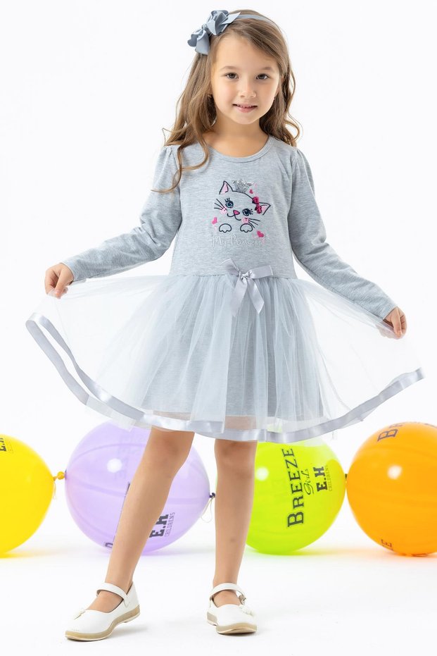 Girl's Long Sleeve Dress, Kitten Embroidered Sequin, 1.5-5 Years, Gray Melange