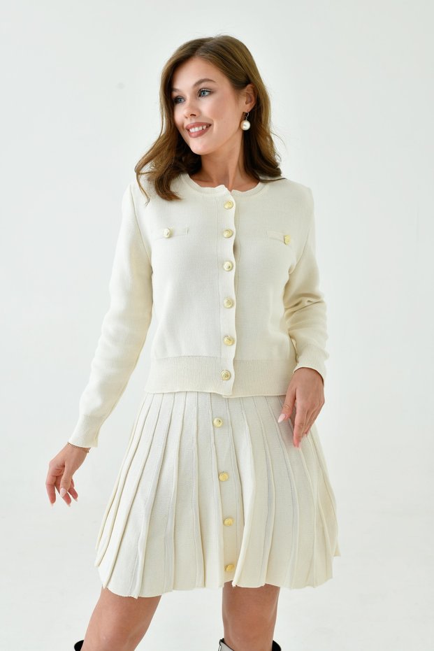 Women's Ecru Stretchy Knit Fabric Buttoned Cardigan and Pleated Mini Skirt Two-Piece Knitwear Set 1150