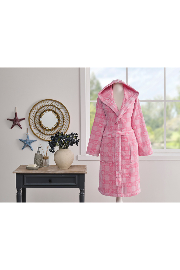 Shell Plaid Kadife Kapüşonlu Bornoz - 3