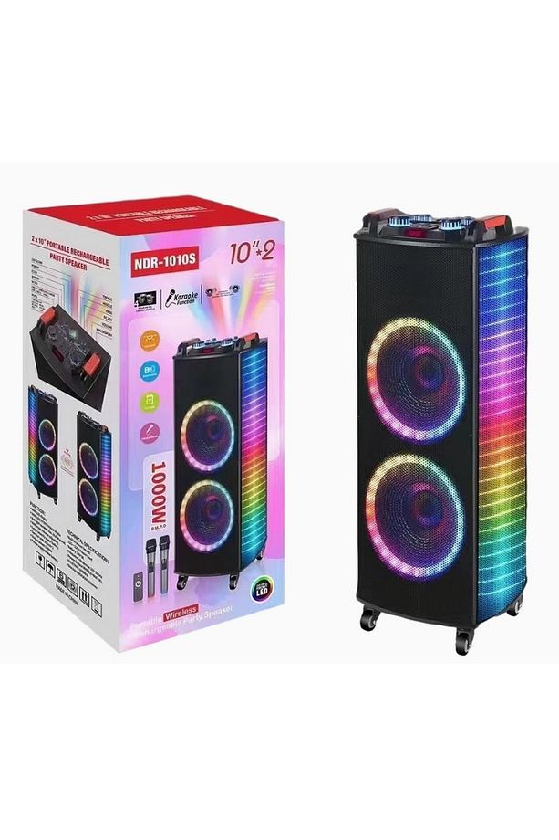 DEV PARTY SPEAKER ÇİFT KABLOSUZ MİKROFONLU ŞARJLI BLUETOOTH HOPARLÖR RGB IŞIKLI TEKERLEKLİ HOPARLÖR - 1