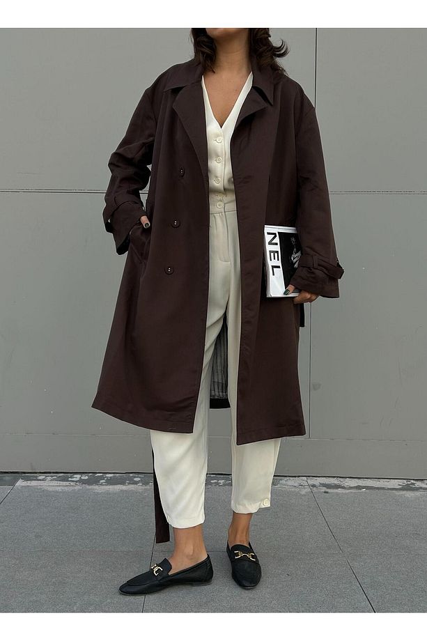 Kadın Kahve Astarı Çizgi Desenli Oversize Trençkot 28119 - 3