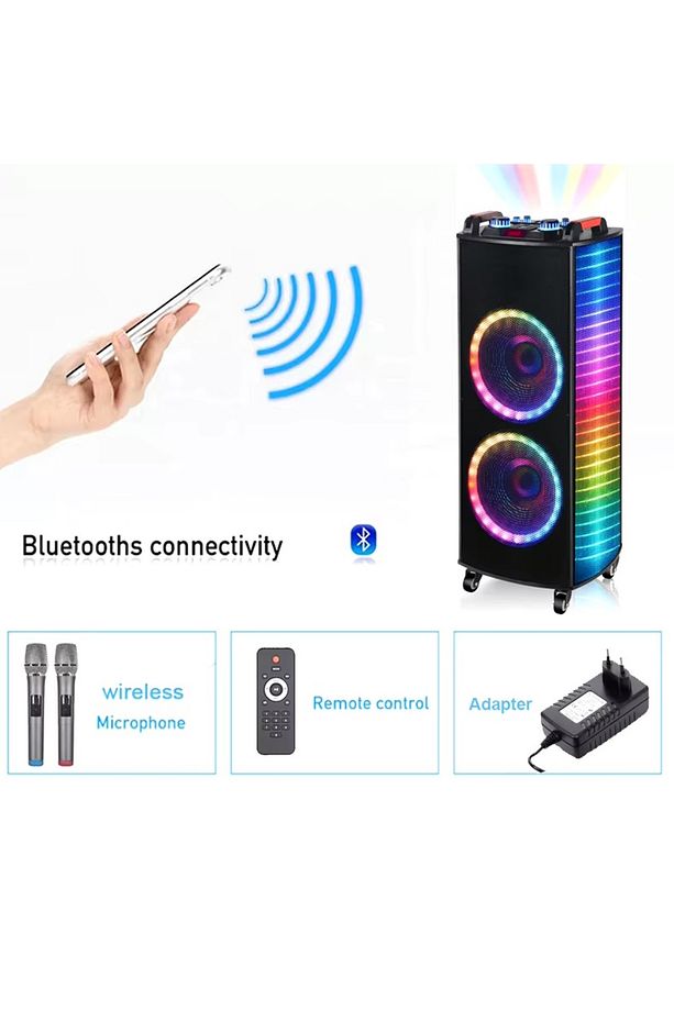 DEV PARTY SPEAKER ÇİFT KABLOSUZ MİKROFONLU ŞARJLI BLUETOOTH HOPARLÖR RGB IŞIKLI TEKERLEKLİ HOPARLÖR - 4