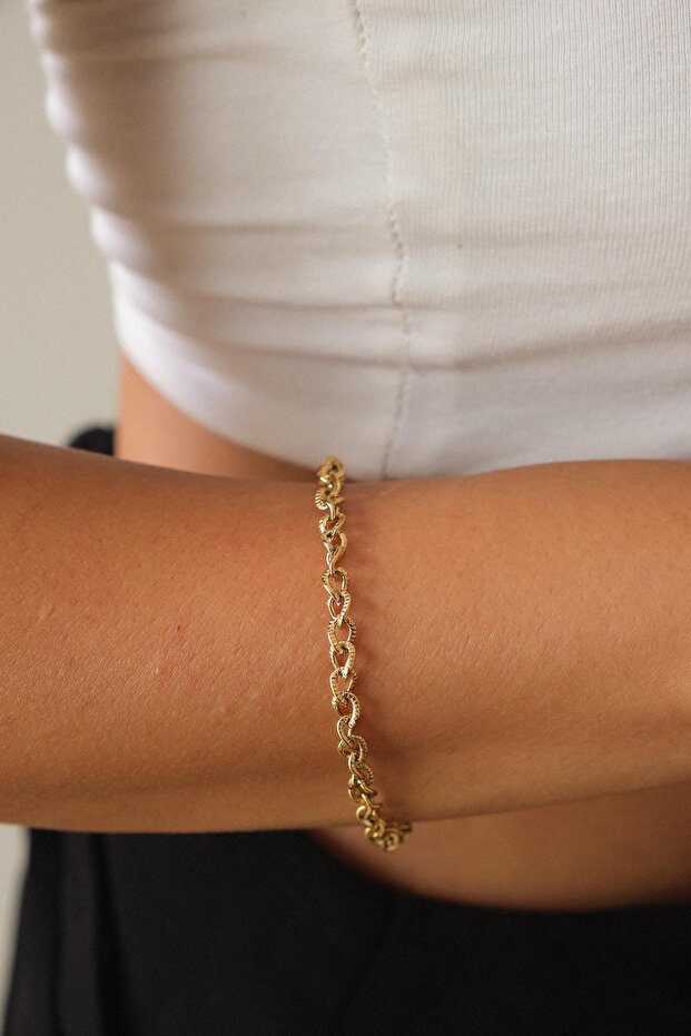 Steel Textured Chain Bracelet 4mm Minimal Thin Interlocking Rings 17Cm+4Cm&21Cm