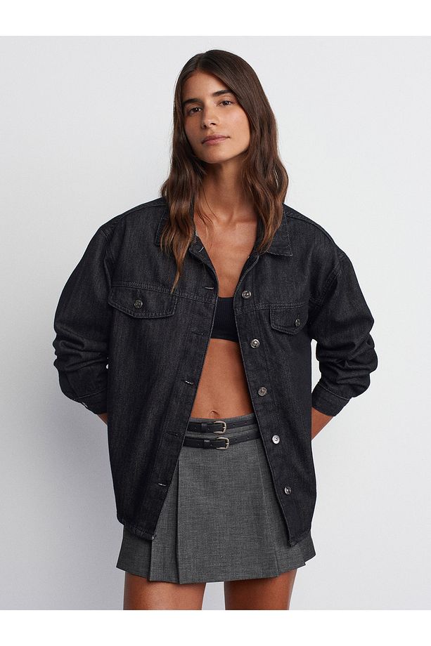 50738 Rins Yıkama Oversize Denim Gömlek-Siyah - 5