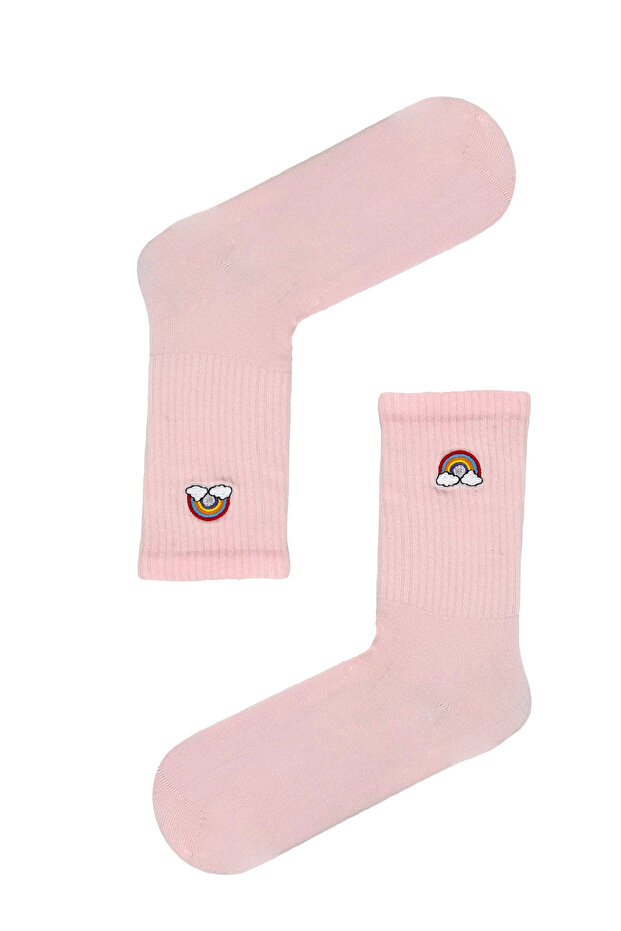 Embroidered Rainbow Patterned Pink Socks - 1